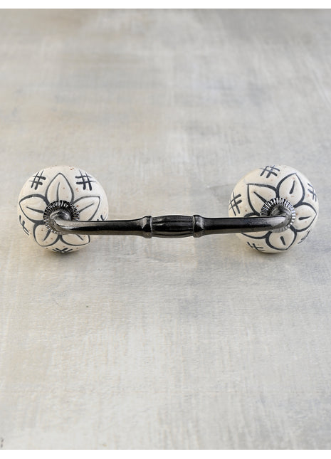 White Round Ceramic Embossed Door Pull With Black Flower