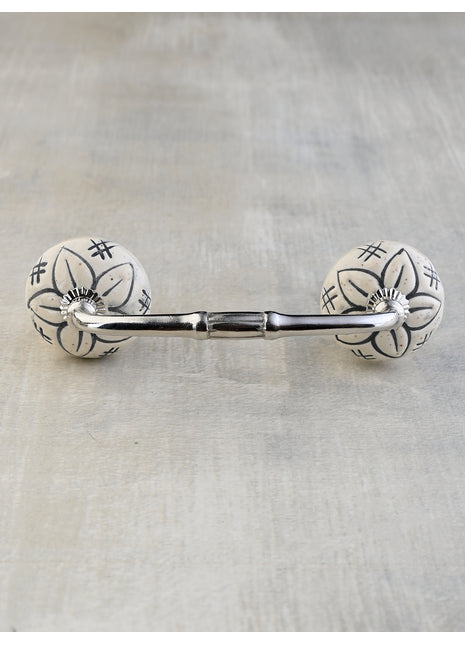 White Round Ceramic Embossed Door Pull With Black Flower