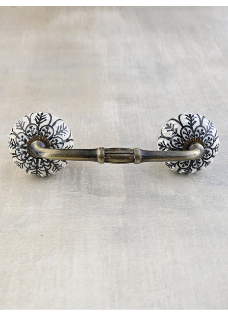 White Ceramic Kitchen Cabinet Pull With Black Print