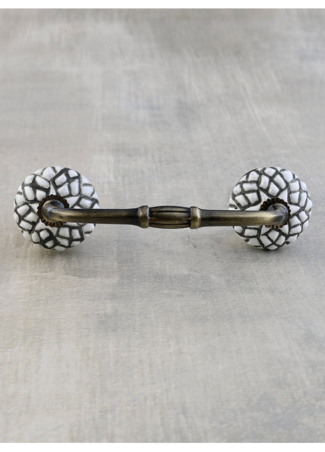 Beautifully Handmade White Ceramic Door Pull With Black Geometric Design