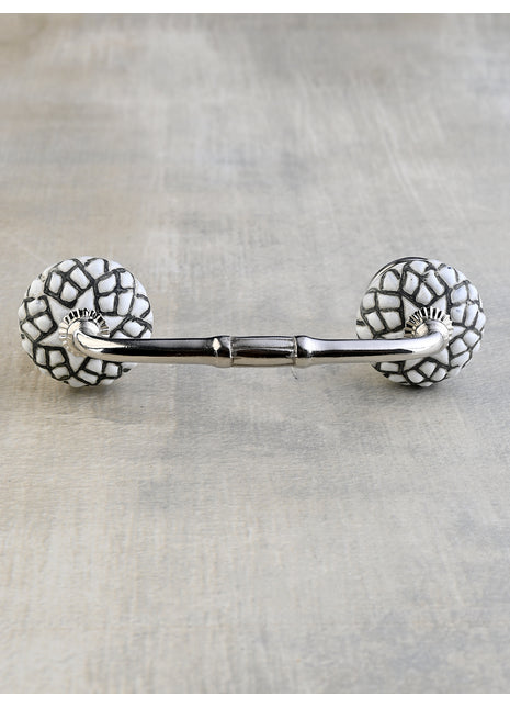 Beautifully Handmade White Ceramic Door Pull With Black Geometric Design