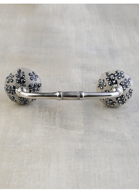 White Ceramic Drawer Pull With Black Leaves
