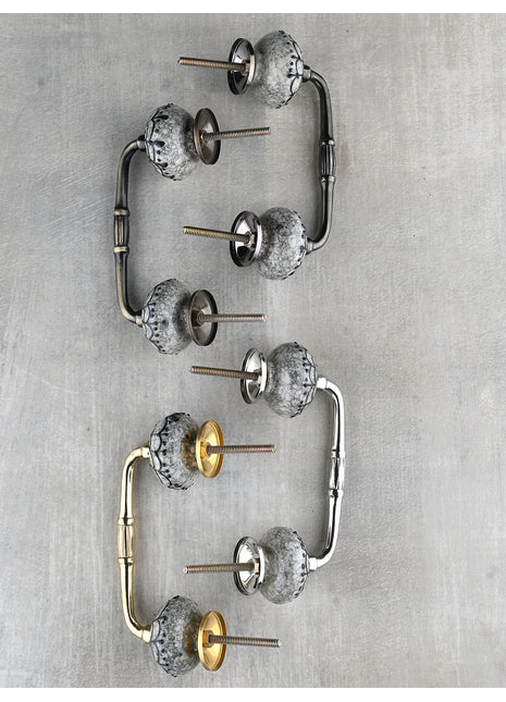 Grey Ceramic Door Pull With Black Crackle And Embossed Print