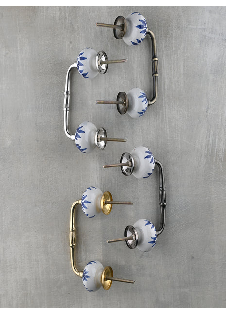 White Royal Ceramic Drawer Cabinet Pull With Blue Leaves