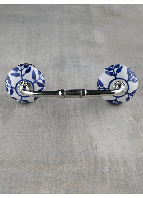 White Royal Ceramic Drawer Cabinet Pull With Blue Leaves