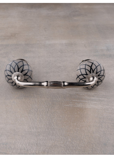 Handmade Black Flower Design on Light Gray Base Kitchen Cabinet Drawer Dresser Pull