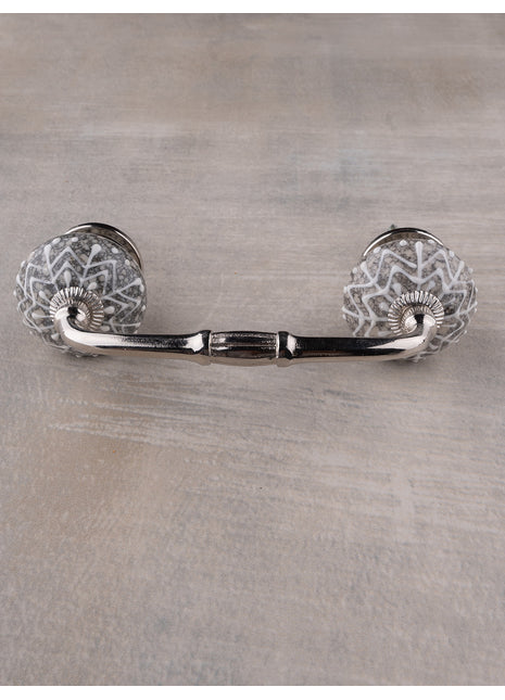 Embossed Handmade White Design on Light Gray Base Kitchen Cabinet Drawer Dresser Pull