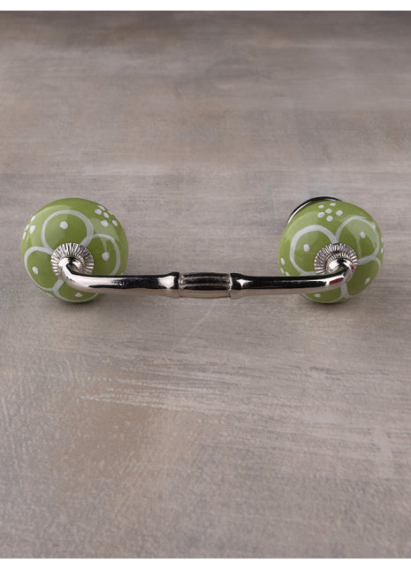 Hand painted White Flower Design on Green Base Kitchen Cabinet Drawer Dresser Pull