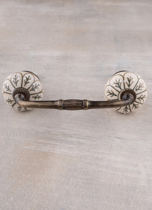 Hand painted Embossed Flower Design with Green Color on Offwhite Base Kitchen Cabinet Drawer Dresser Pull