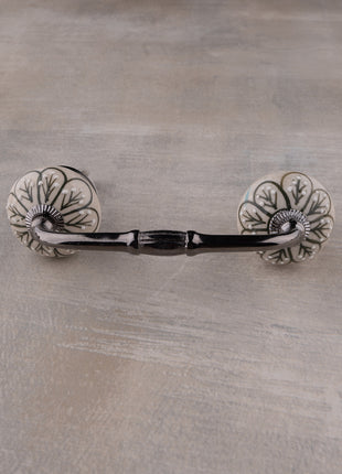 Hand painted Embossed Flower Design with Green Color on Offwhite Base Kitchen Cabinet Drawer Dresser Pull