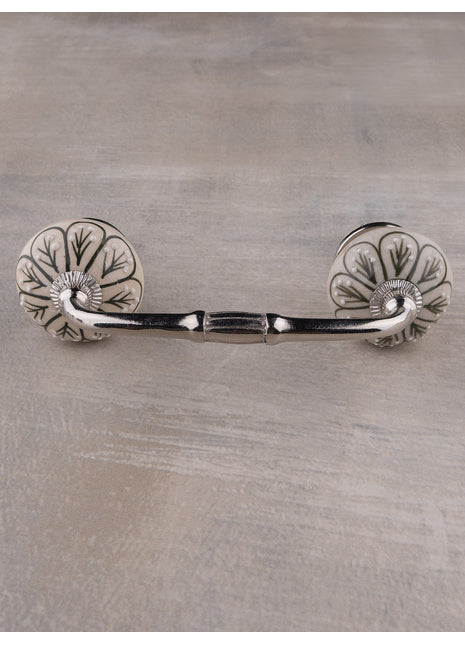 Hand painted Embossed Flower Design with Green Color on Offwhite Base Kitchen Cabinet Drawer Dresser Pull