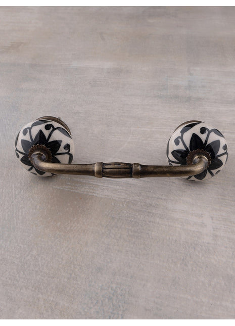 Handmade Round Black Flower Design on Offwhite Kitchen Cabinet Dresser Pull