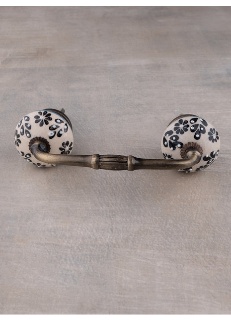 Embossed Handmade Round Black Flower Design on Offwhite Kitchen Cabinet Dresser Pull