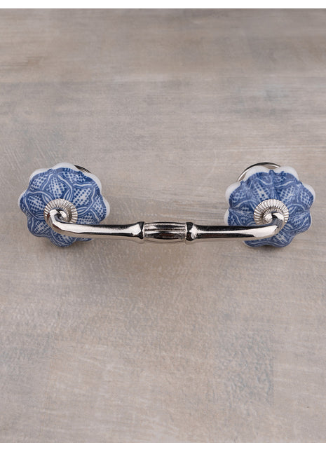 Decorative Round Shape Intricate Blue Floral Pattern On White Base Kitchen Cabinet Dresser Drawer Pull