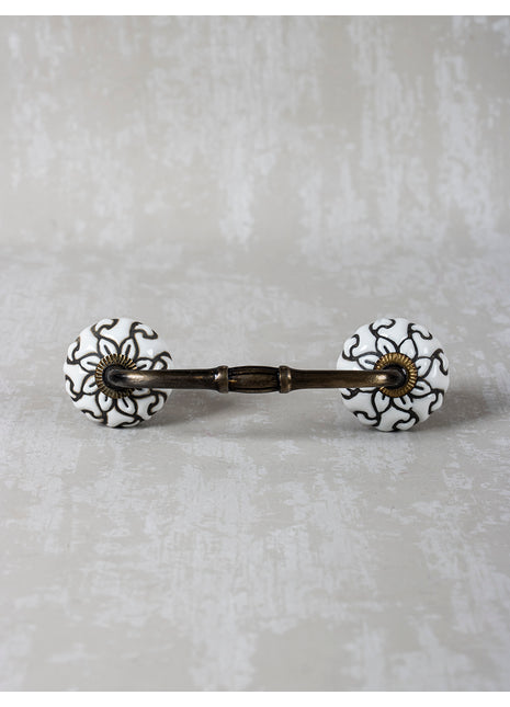 Black Flower and Leaf On White Base Ceramic Pull