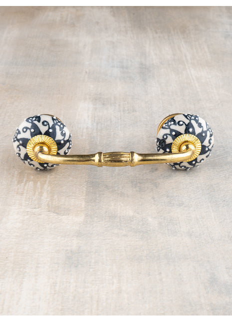 Vintage Black Floral Print On White Ceramic Wardrobe Cabinet Pull