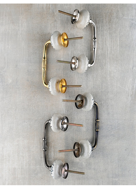 Vintage White Ceramic Kitchen Cabinet Pull With Black Designer Print