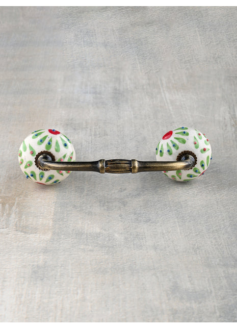 White Ceramic Dresser Cabinet Pull With Green Petal Design