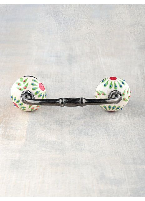 White Ceramic Dresser Cabinet Pull With Green Petal Design