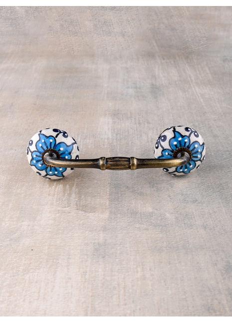 Unique Turquoise Flower On White Ceramic Dresser Cabinet Pull