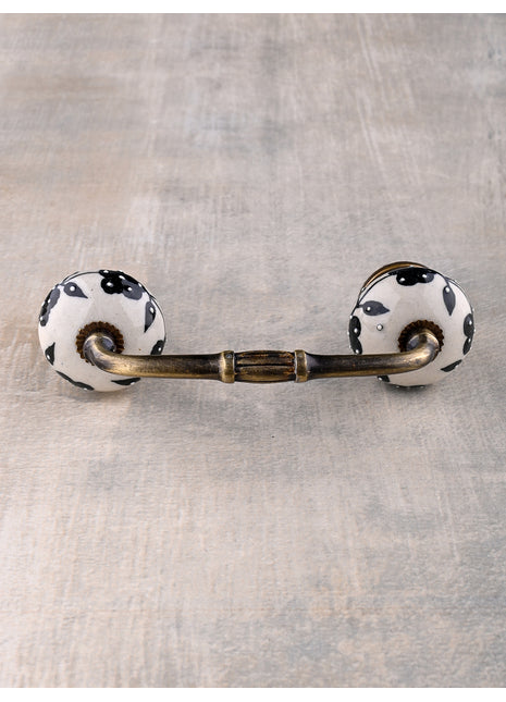 White Base Ceramic Door Pull With Black Floral Print