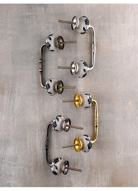 White Base Ceramic Door Pull With Black Floral Print