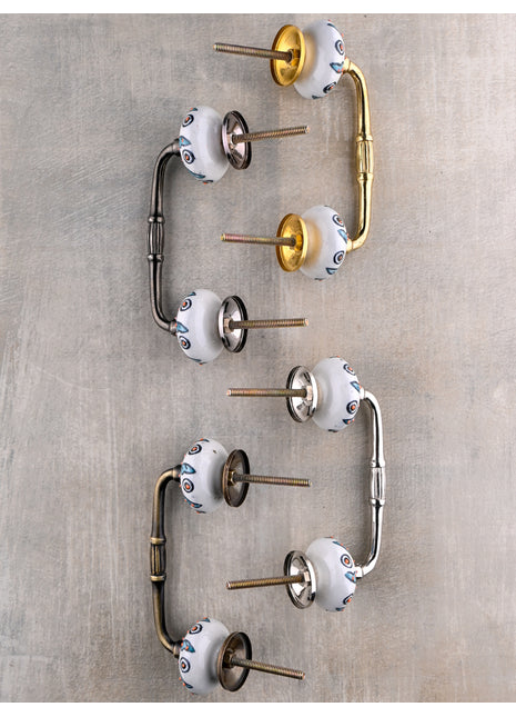 Turquoise Flower On White Dresser Cabinet Pull With Orange Embossed Design