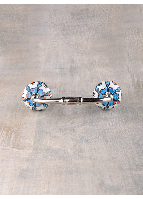 Turquoise Flower On White Dresser Cabinet Pull With Orange Embossed Design