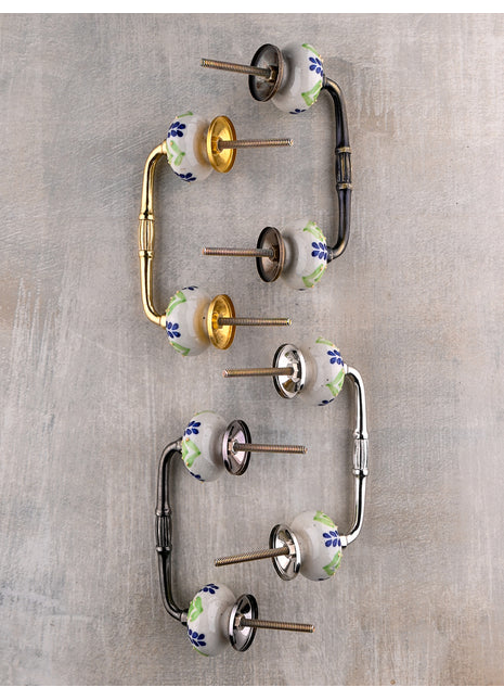 Green And Blue Designer Petals On White Ceramic Drawer Cabinet Pull