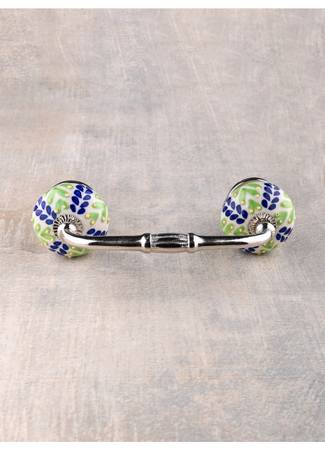 Green And Blue Designer Petals On White Ceramic Drawer Cabinet Pull