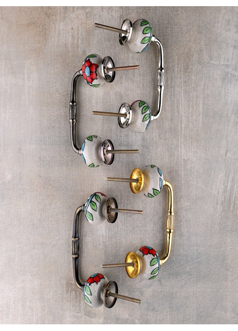 White Ceramic Kitchen Cabinet Pull With Multicolor Floral Print