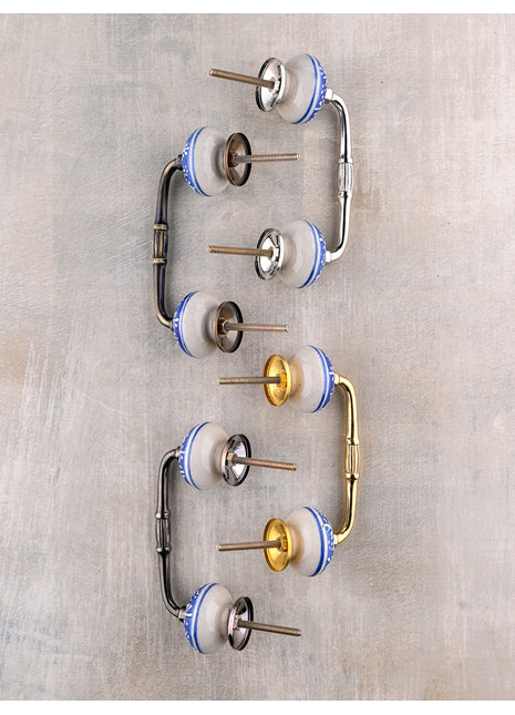 Blue And White Ceramic Kitchen Cabinet Pull With White Embossed Design