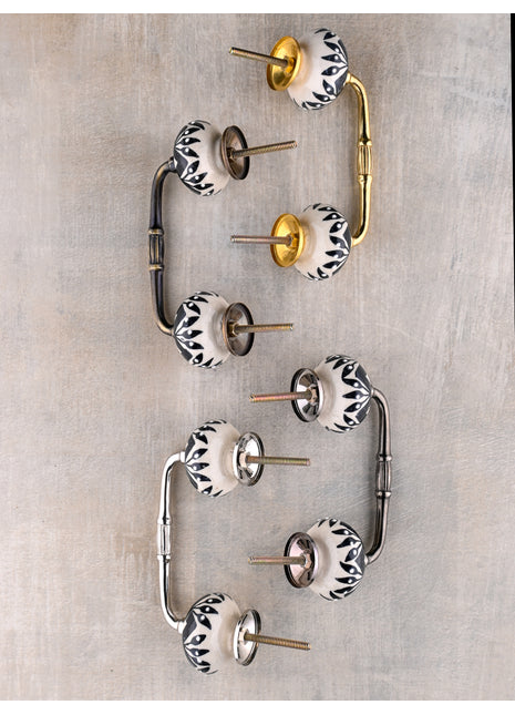 White Round Ceramic Dresser Pull With Black Floral Print