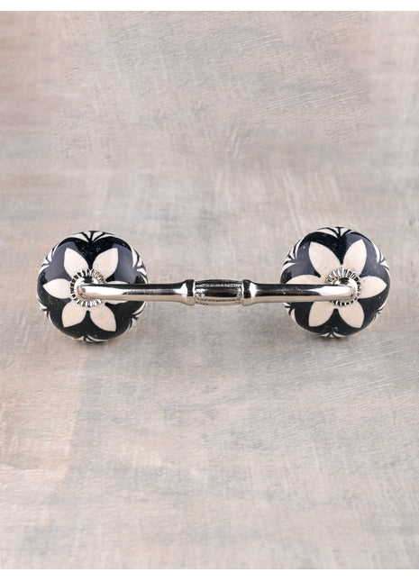 White Round Ceramic Dresser Pull With Black Floral Print