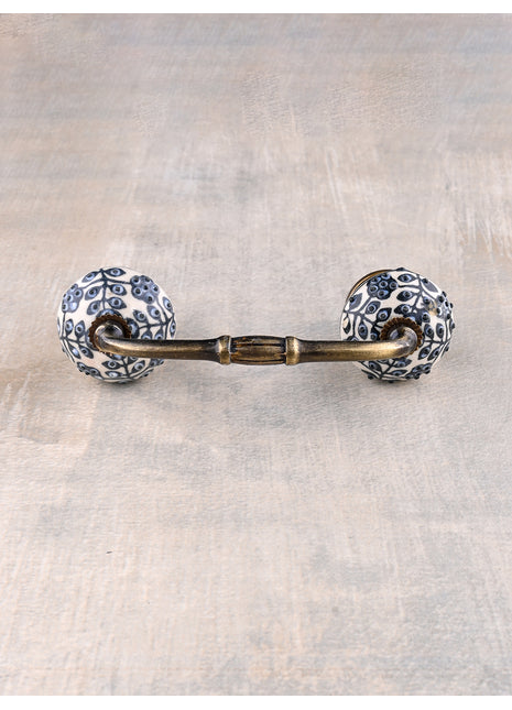 Stylish Black Embossed Floral Print On White Ceramic Cabinet Pull