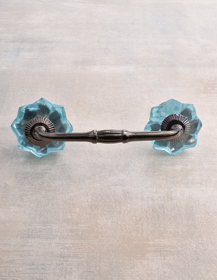 Stylish Floral Turquoise Ceramic Glass Drawer Cabinet Pull 3 Inch / Silver Antique