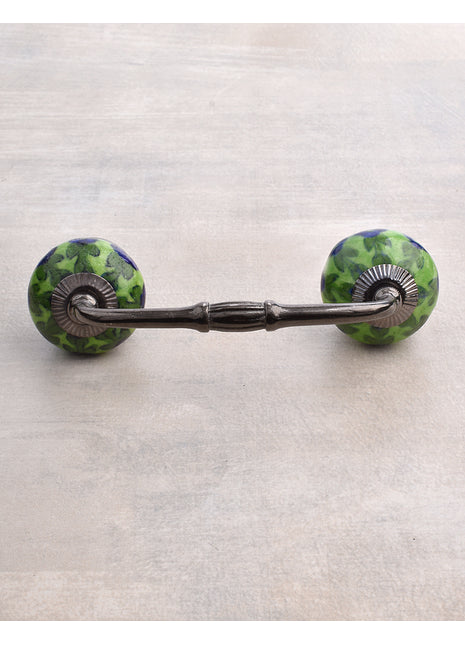 Blue Flower and Green Leaf with Lime Green Base Ceramic Door Pull