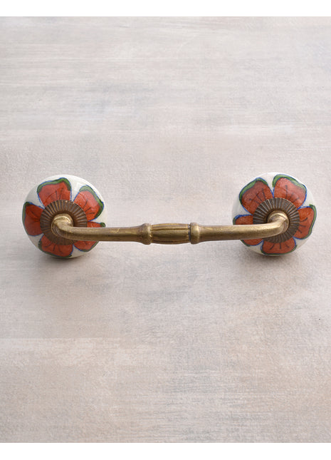 Unique White Base Ceramic Wardrobe Pull With Red Flower