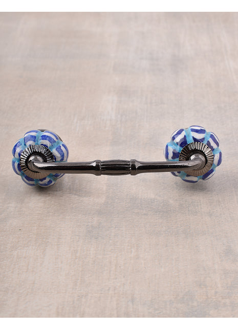 White Ceramic Kitchen Cabinet Pull With Blue And Turquoise Design