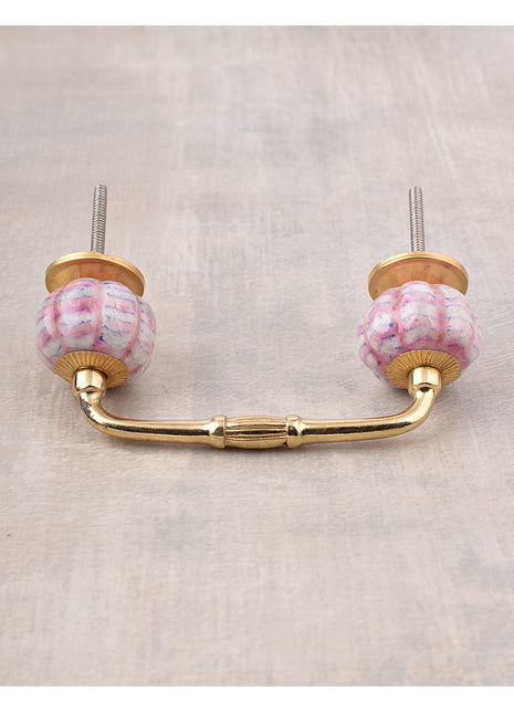 White Melon Shaped Ceramic Door Pull With Pink Spiral Design