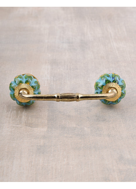 Yellow Flower and Green Leafs with Turquoise Base Ceramic Door Pull