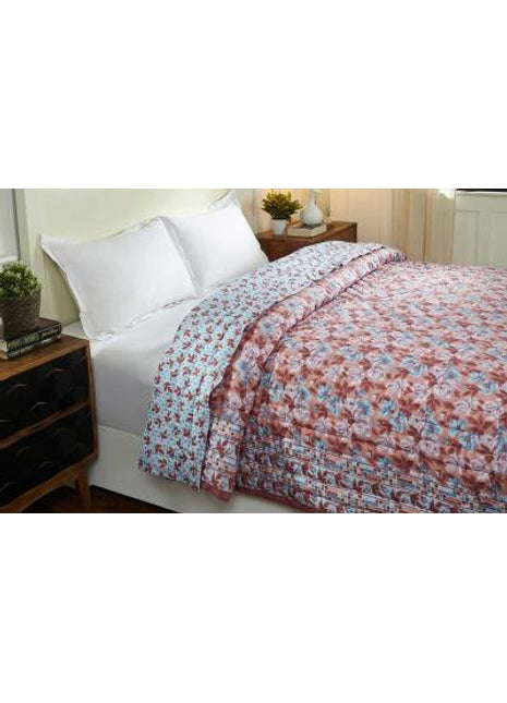 Italian Rose Blue and Brown Hand Screen Print Cotton Quilt
