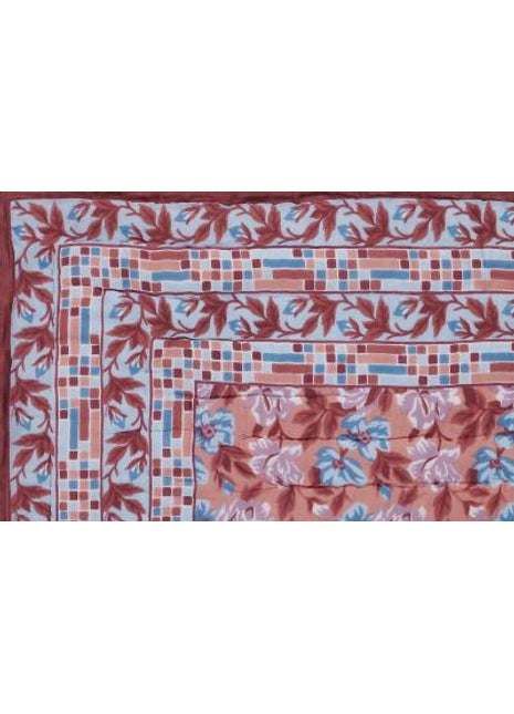 Italian Rose Blue and Brown Hand Screen Print Cotton Quilt