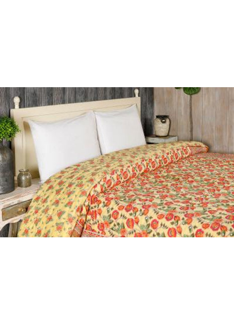 Kyari Yellow and Pink Hand Screen Print Cotton Quilt