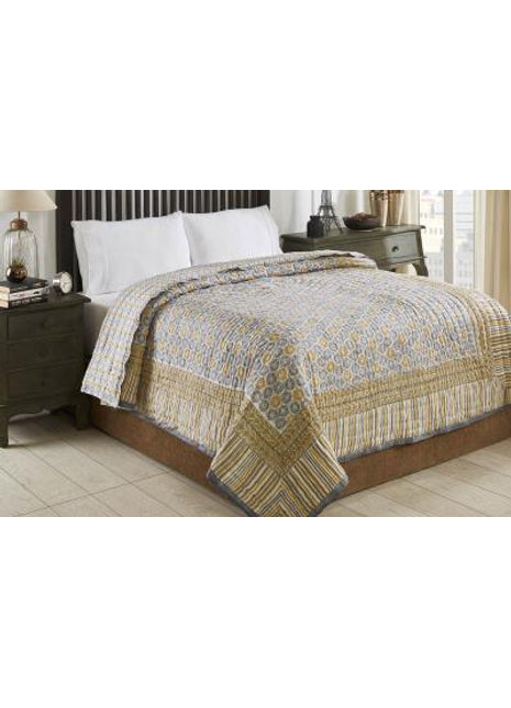 Mecedona Grey and Yellow Hand Block Print Cotton Quilt