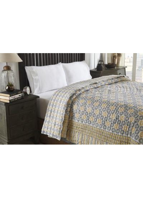 Mecedona Grey and Yellow Hand Block Print Cotton Quilt