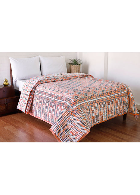 Mecedona Peach and Grey Hand Block Print Cotton Quilt