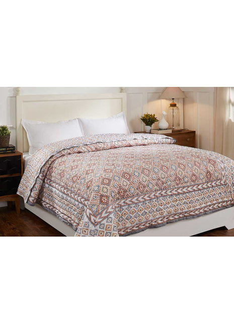 Pochampally Ikat Grey and Brown Hand Block Print Cotton Quilt