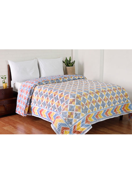 Rimjhim Jaal Blue and Brown Hand Block Print Cotton Quilt