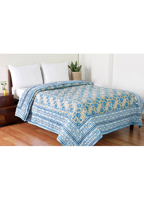 Surajmukhi Yellow and Blue Hand Block Print Cotton Quilt